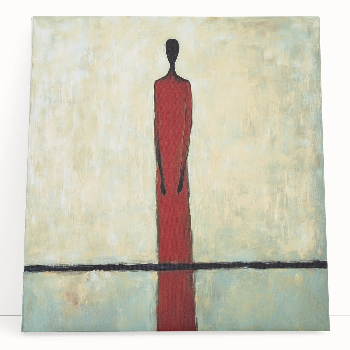 Abstract figurative stretched canvas artwork showcasing vibrant colors and dynamic shapes, leaning against a neutral wall, ideal for modern home decor.