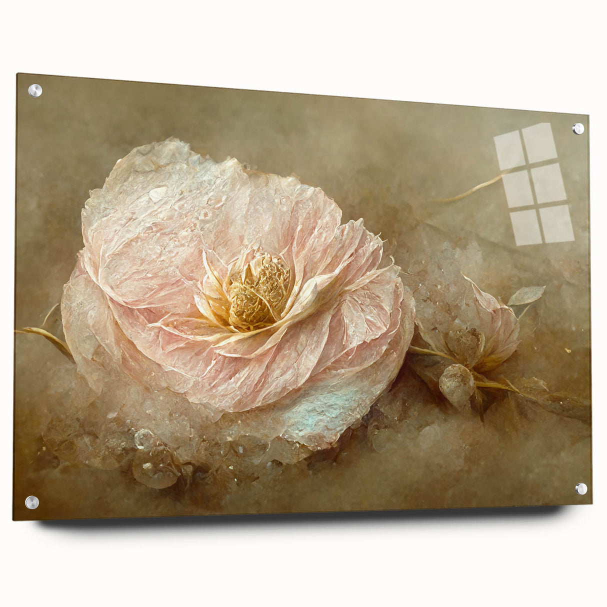 Abstract floral wall art displayed in a side view, featuring vibrant colors and intricate patterns, mounted with pins on a sleek acrylic glass background, perfect for modern home decor.