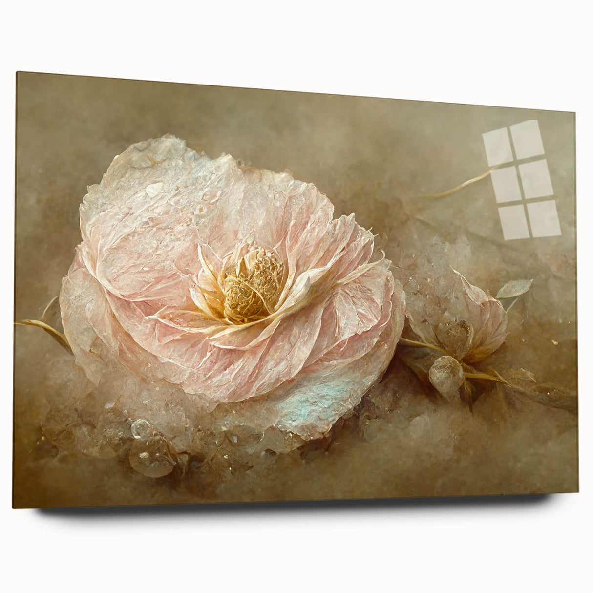 Abstract floral wall art displayed in a sleek acrylic frame, showcasing vibrant colors and intricate designs, perfect for modern home decor accents.