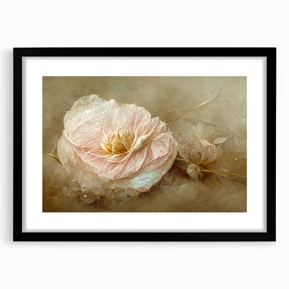 Abstract floral wall art framed in black, featuring vibrant colors and intricate designs, perfect for modern home decor or office aesthetics.