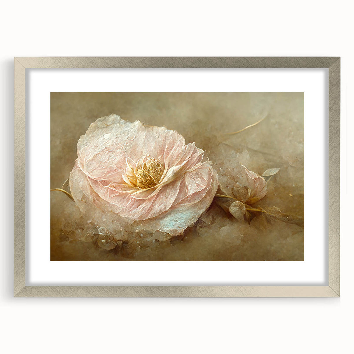 Abstract floral wall art framed in silver with a mat, showcasing vibrant colors and intricate designs, perfect for modern home decor. Ideal for enhancing living spaces.