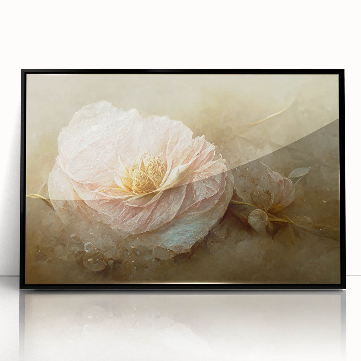 Framed abstract floral wall art featuring vibrant colors and intricate designs, set in a sleek black frame, perfect for modern home decor and gallery walls.