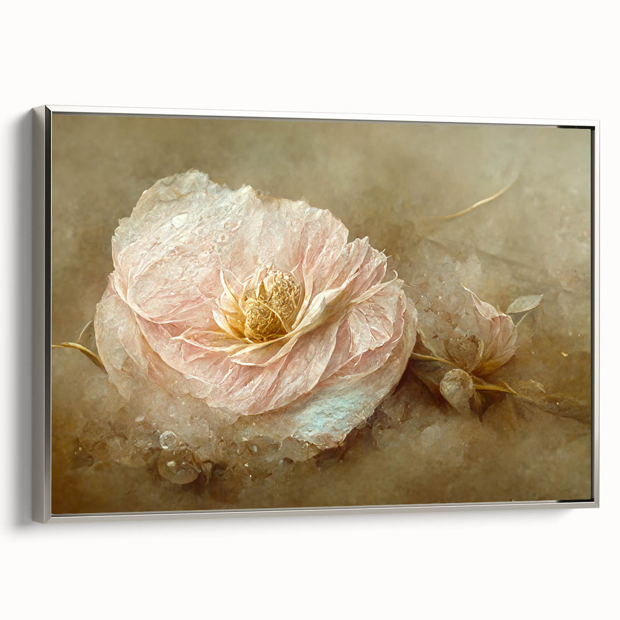 Framed canvas wall art showcasing an abstract floral design in vibrant colors, featuring a sleek silver frame that adds elegance to any decor. Perfect for modern home aesthetics.