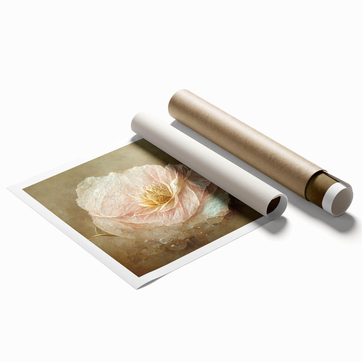 Colorful abstract floral wall art print showcasing vibrant hues of pink, blue, and green, ideal for home decor. The print is rolled for easy shipping and display.