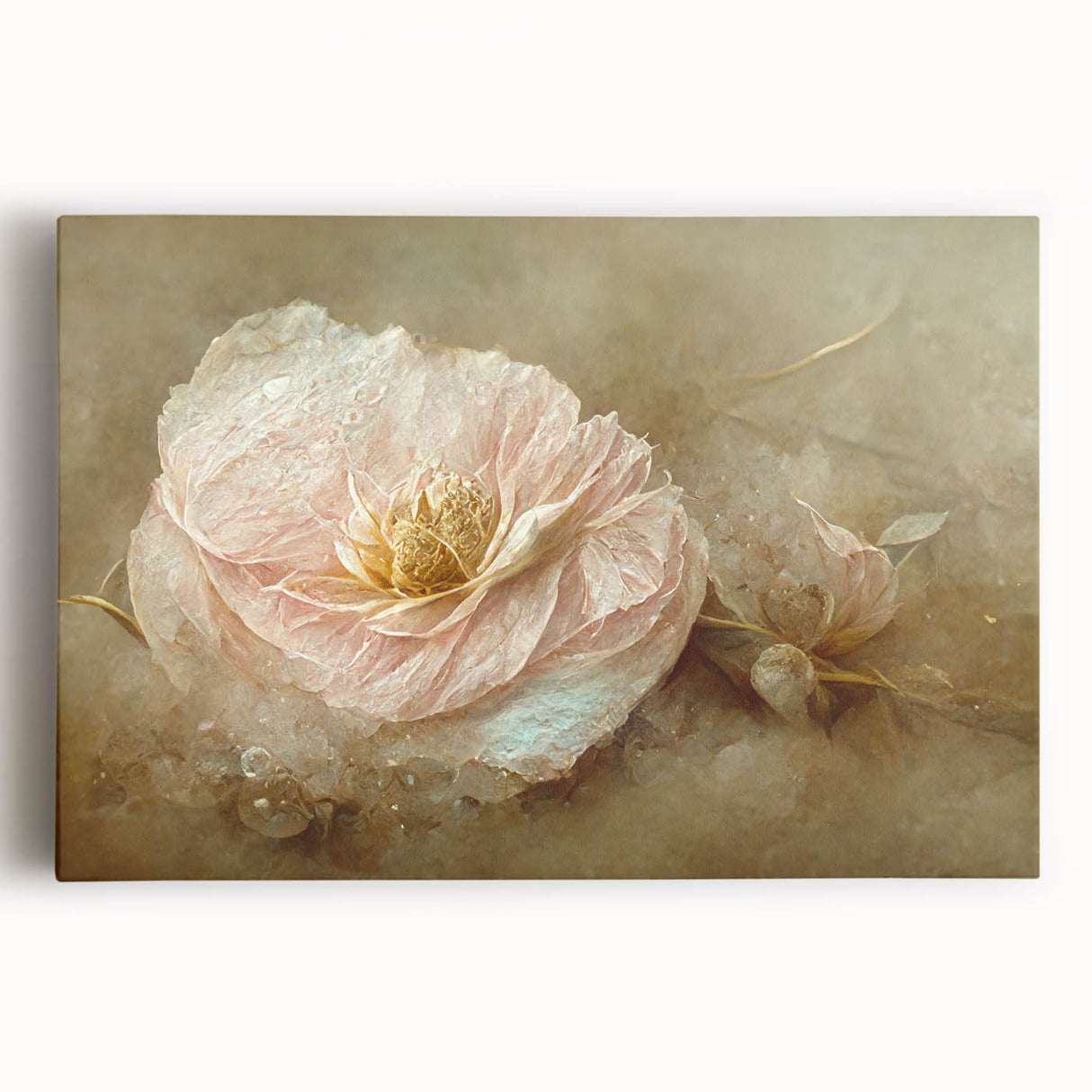 Abstract floral wall art printed on stretched canvas, showcasing vibrant colors like pink, blue, and green, perfect for modern home decor. This piece adds a touch of elegance and creativity to any room, enhancing the overall aesthetic appeal.