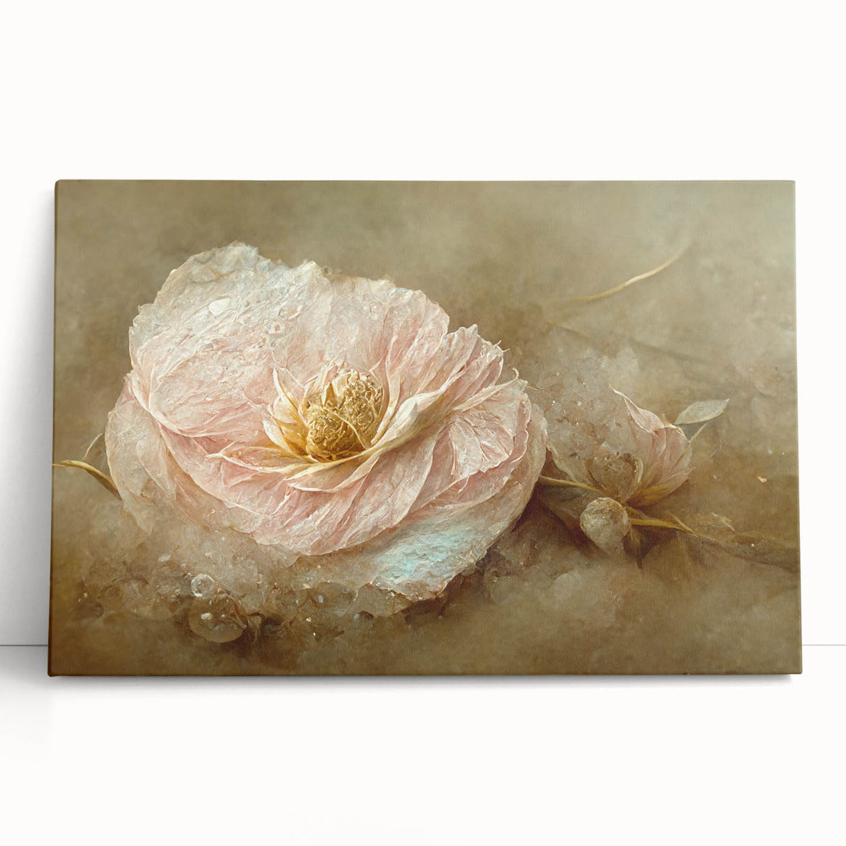 Vibrant abstract floral wall art on stretched canvas, showcasing colorful blooms in shades of pink, blue, and green, perfect for modern home decor.