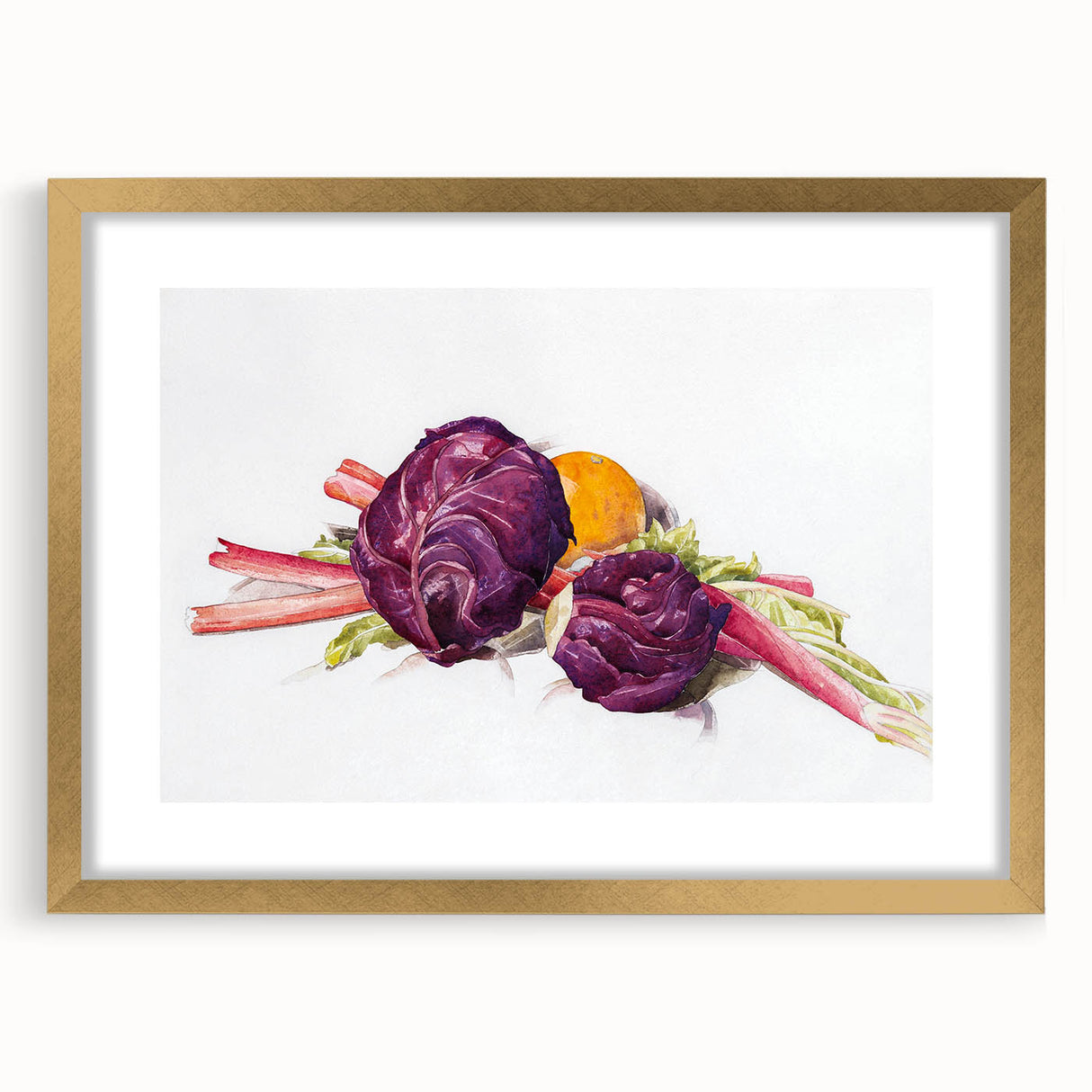 Modern Wall Art: Still Life with Red Cabbages, Rhubarb, and Orange
