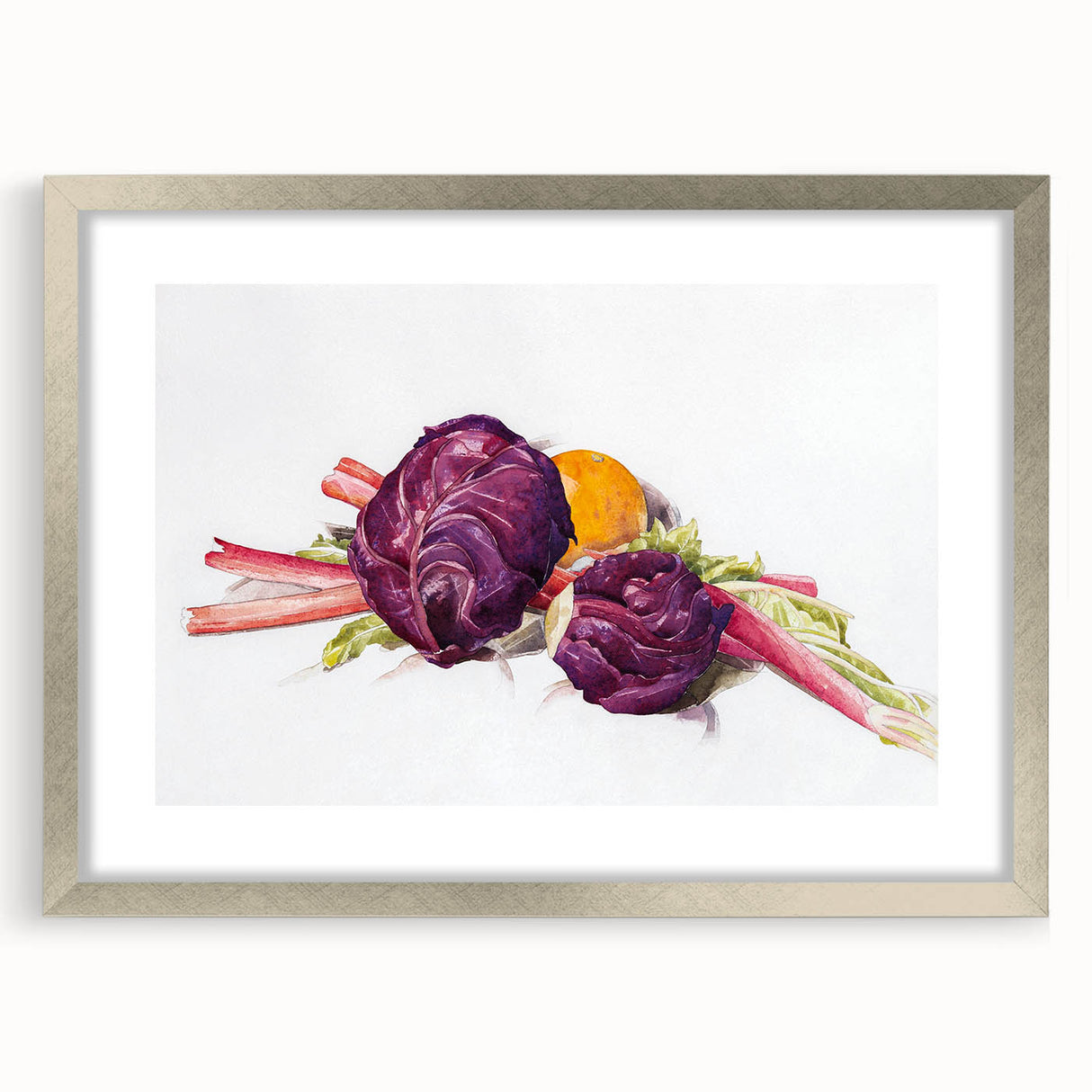 Modern Wall Art: Still Life with Red Cabbages, Rhubarb, and Orange