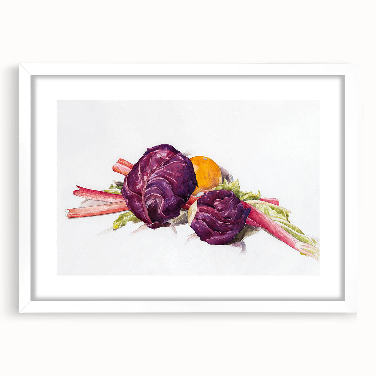 Modern Wall Art: Still Life with Red Cabbages, Rhubarb, and Orange