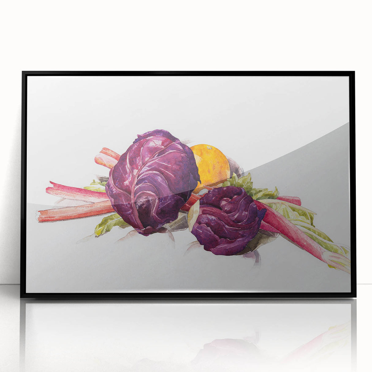 Modern Wall Art: Still Life with Red Cabbages, Rhubarb, and Orange