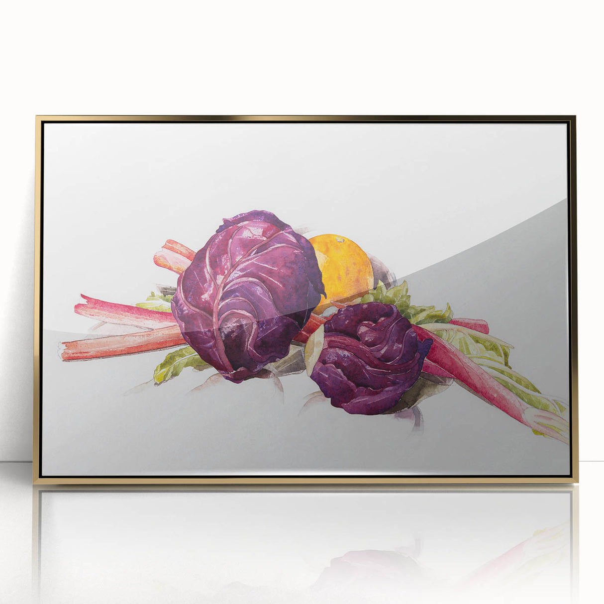 Modern Wall Art: Still Life with Red Cabbages, Rhubarb, and Orange