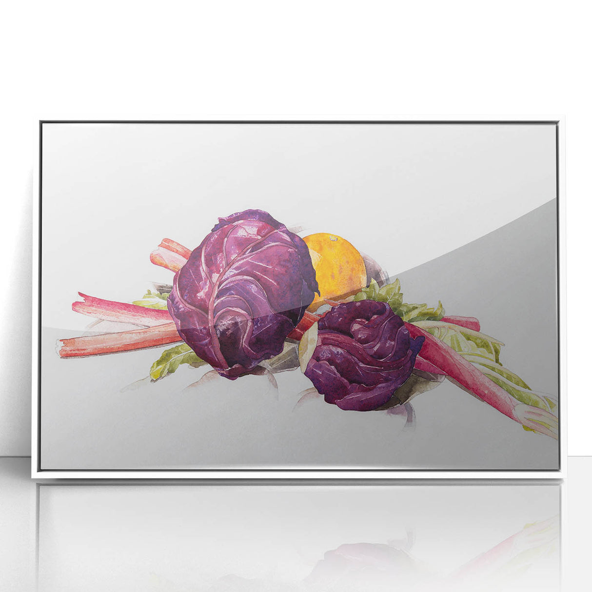 Modern Wall Art: Still Life with Red Cabbages, Rhubarb, and Orange