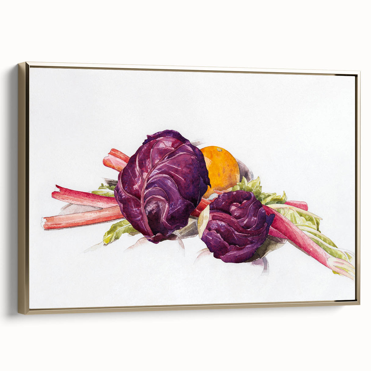 Modern Wall Art: Still Life with Red Cabbages, Rhubarb, and Orange