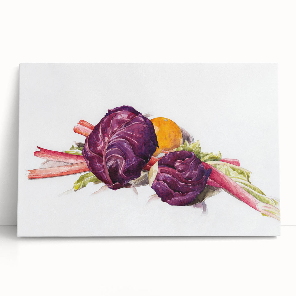 Modern Wall Art: Still Life with Red Cabbages, Rhubarb, and Orange