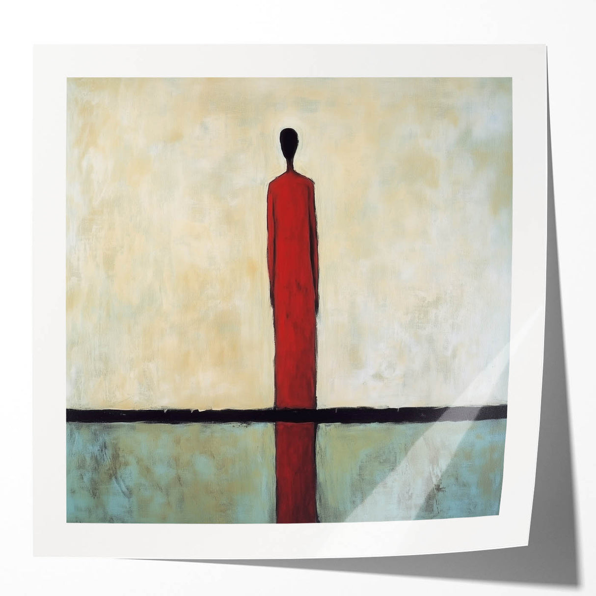 Abstract figurative art print featuring vibrant colors and dynamic shapes, displayed in a glossy mockup setting, ideal for contemporary home decor.