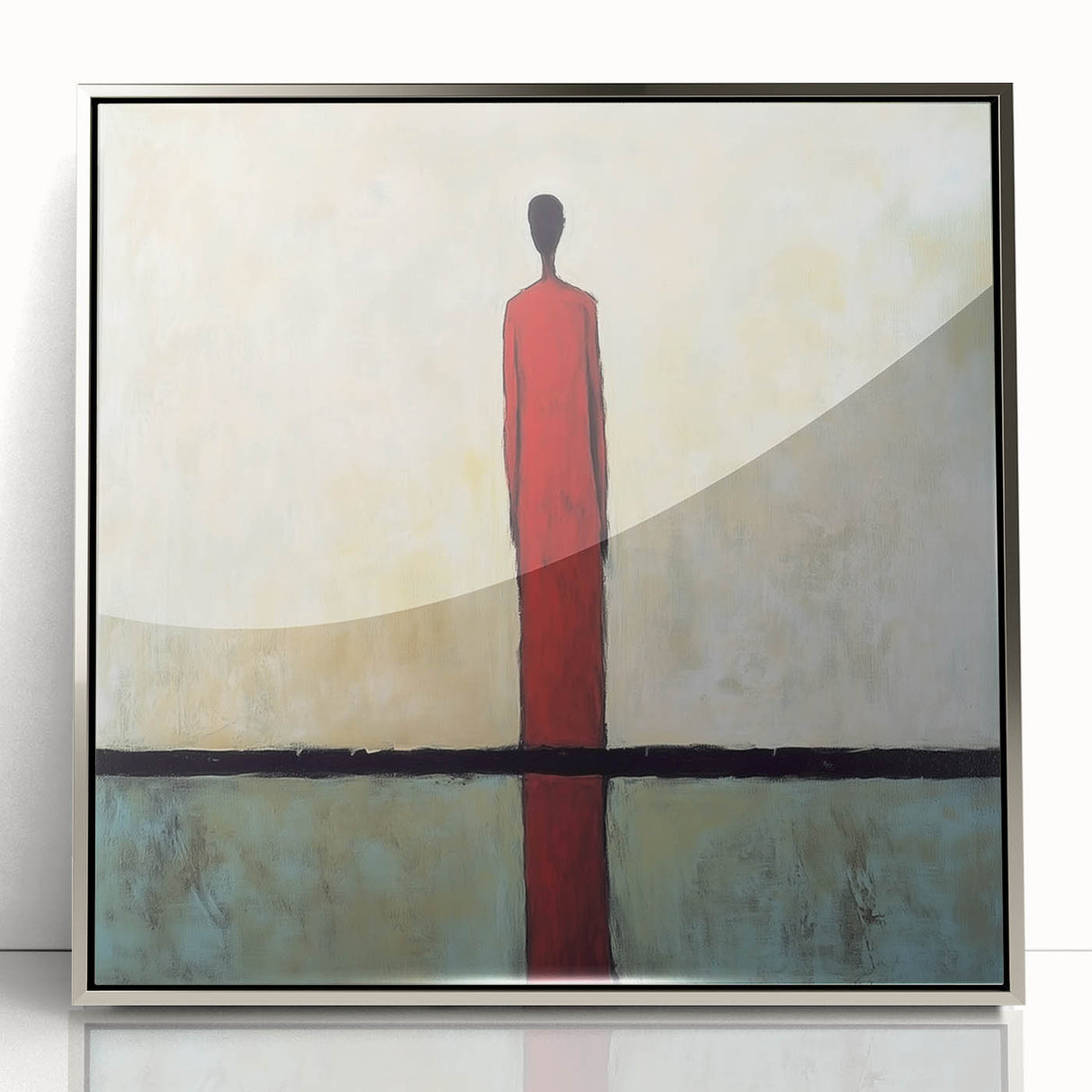 Framed abstract figurative wall art in silver acrylic, showcasing unique geometric patterns and vibrant colors, ideal for modern home decor.