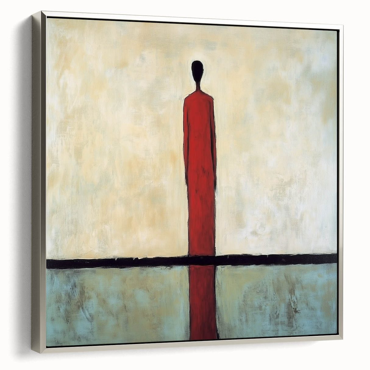 Framed abstract figurative canvas art in silver frame, showcasing vibrant colors and dynamic shapes, perfect for modern home decor and artistic expression.