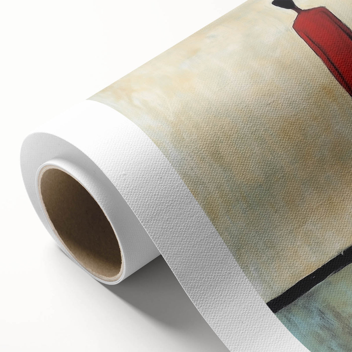 Abstract figurative art on rolled canvas, showcasing vibrant colors and dynamic shapes, packed securely in a protective cardboard tube for shipping. Ideal for home decor enthusiasts.