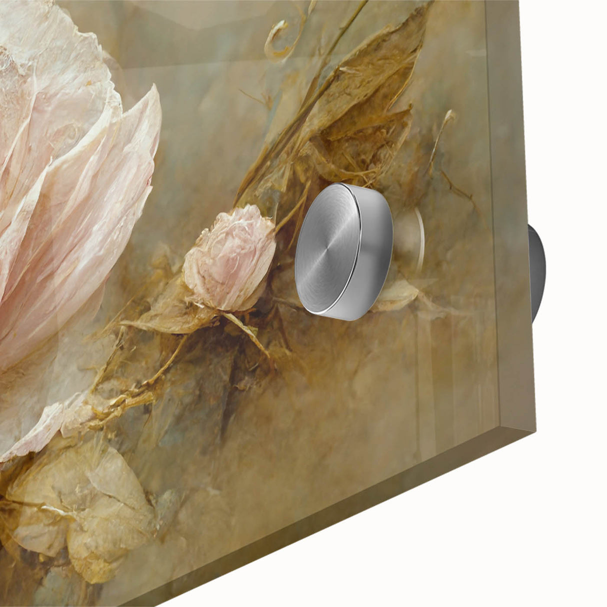 Close-up of vibrant abstract floral wall art printed on acrylic glass, showcasing intricate details and rich colors perfect for home decor enhancement.