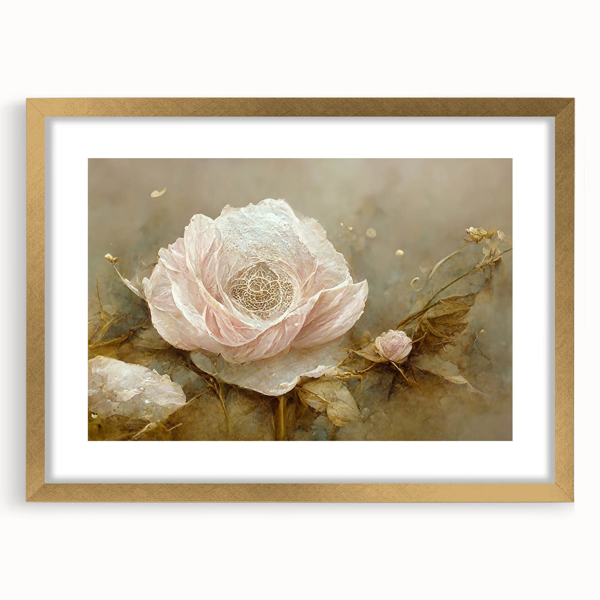 Abstract floral wall art framed in gold with a white mat, showcasing vibrant colors and intricate designs, perfect for enhancing any modern decor.