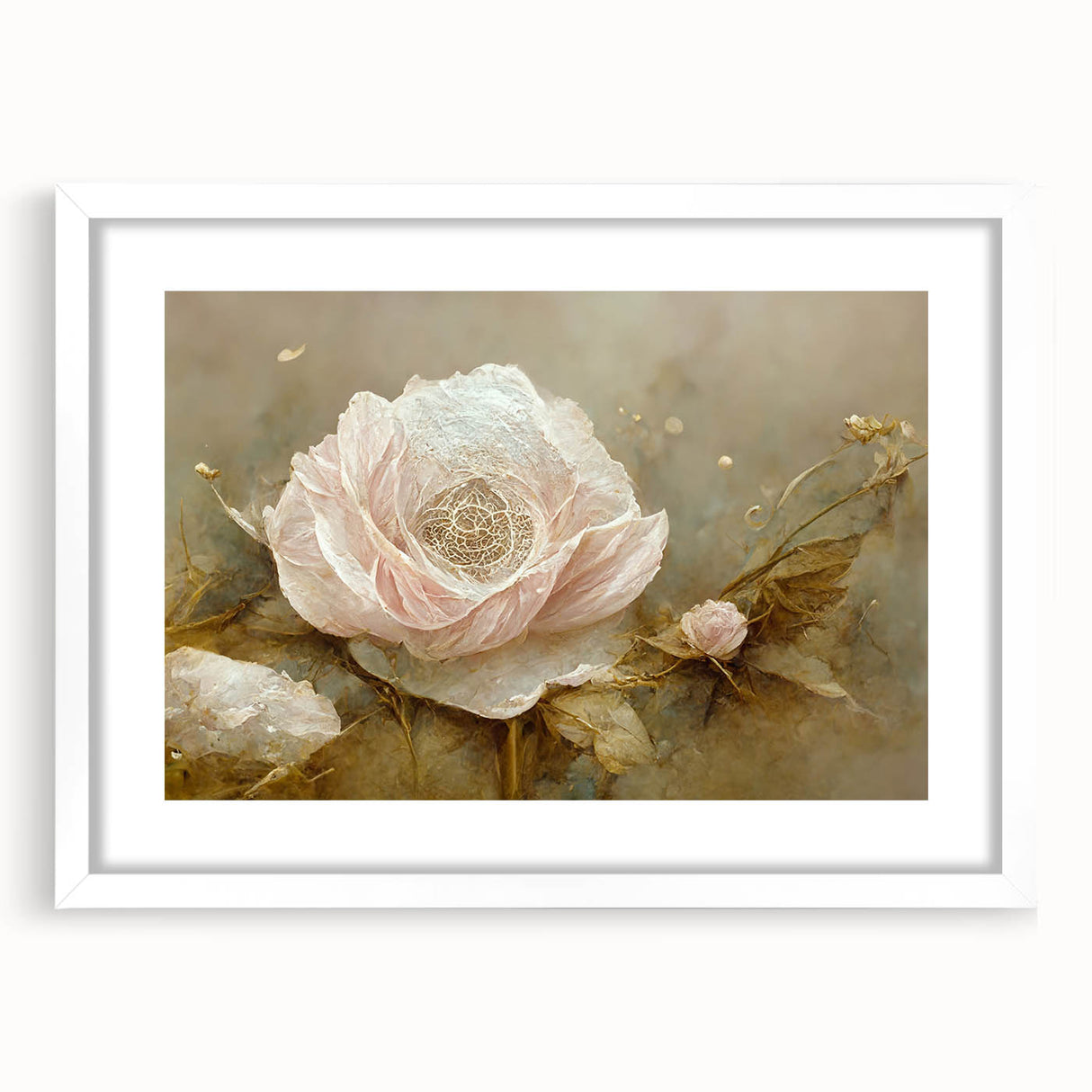 Abstract floral wall art framed in white with a mat, showcasing vibrant colors and intricate designs, perfect for enhancing modern home decor.