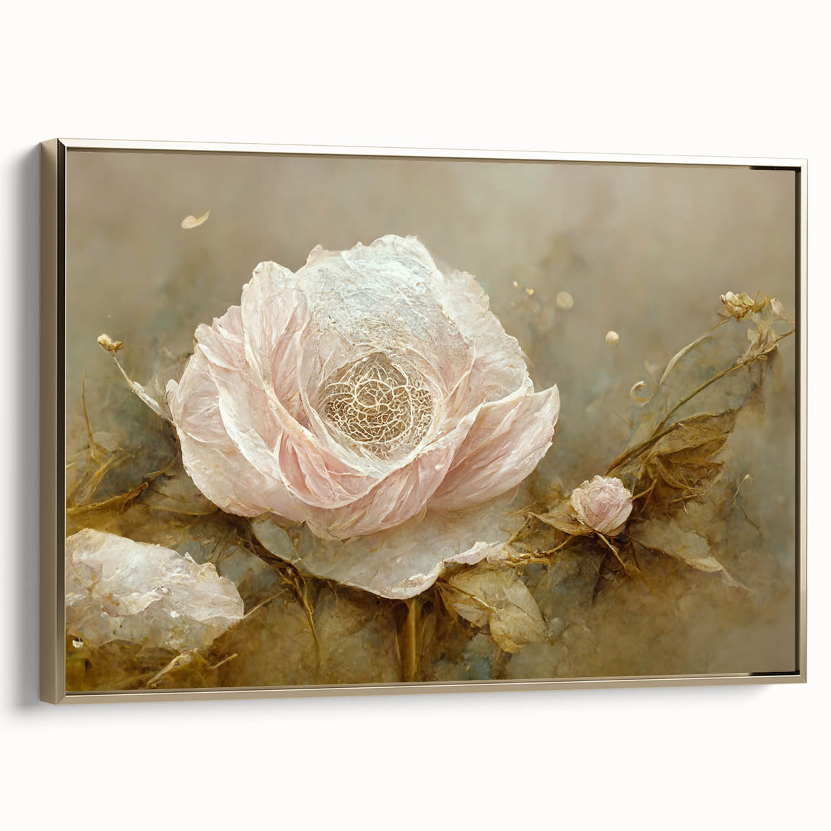 Framed abstract floral wall art featuring vibrant gold accents and intricate patterns. Side view showcases the design's depth and texture, ideal for modern decor.