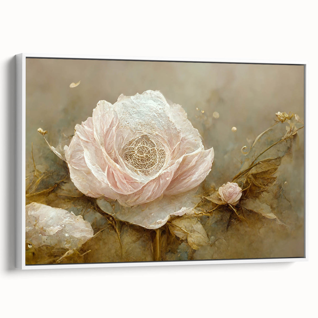 Framed canvas wall art showcasing abstract floral design in soft pastel colors, set against a white background, adding elegance to modern interiors.