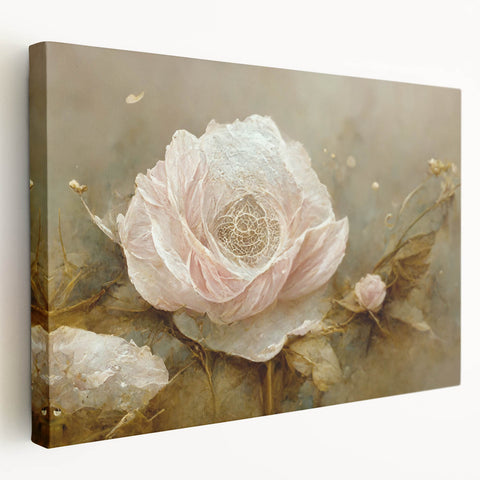 Abstract floral wall art on stretched canvas, showcasing vibrant colors and intricate designs, displayed in a side view to highlight depth and texture.