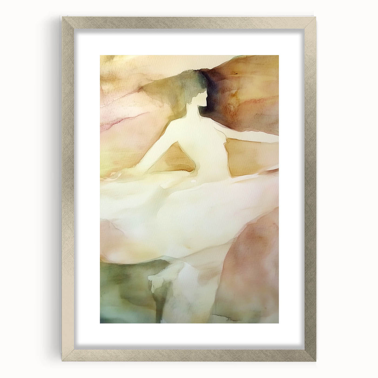 Abstract figurative frame with a silver mat showcasing a contemporary artwork design, emphasizing its modern aesthetic and intricate detailing in a front view.