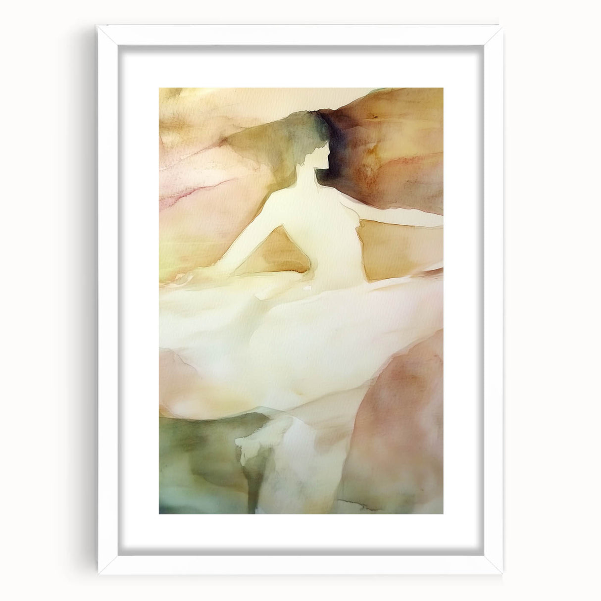 Abstract figurative frame with a white mat, showcasing a modern art piece that blends vibrant colors and dynamic shapes, perfect for contemporary home decor.