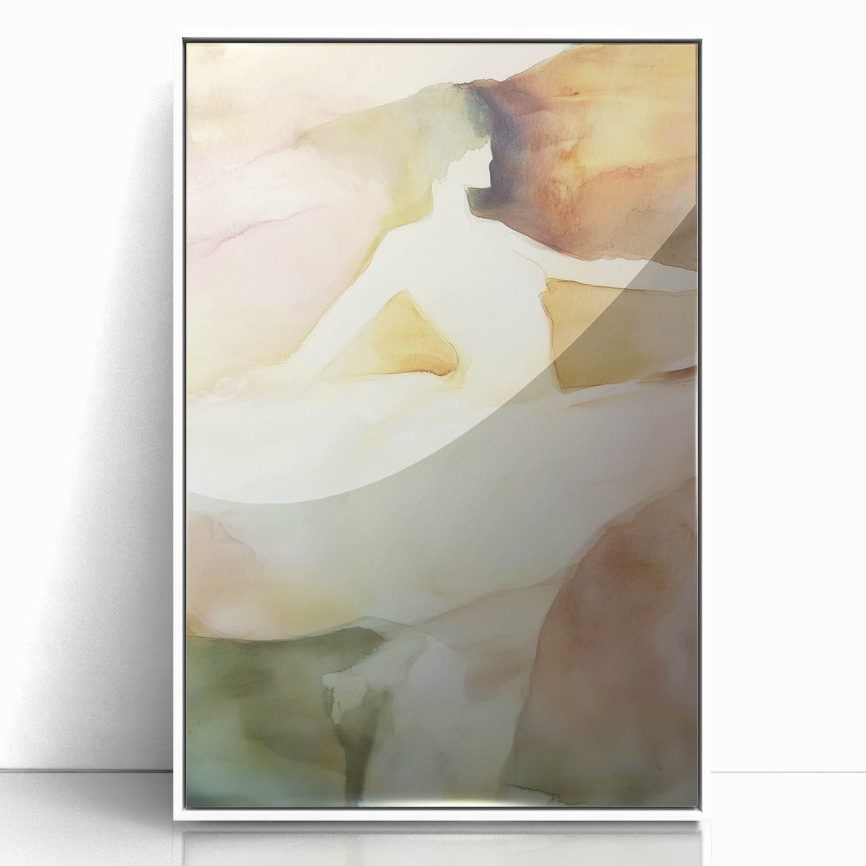 Abstract figurative framed acrylic artwork in white, showcasing vibrant colors and dynamic shapes, perfect for modern home decor, enhancing artistic ambiance.