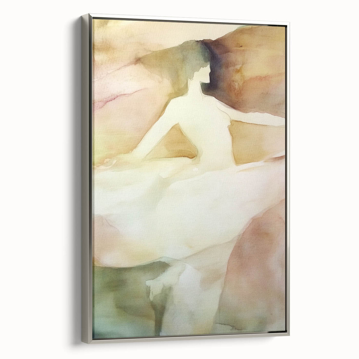 Abstract figurative art canvas framed in silver, showcasing vibrant colors and dynamic shapes, designed to enhance modern interior decor and artistic expression.