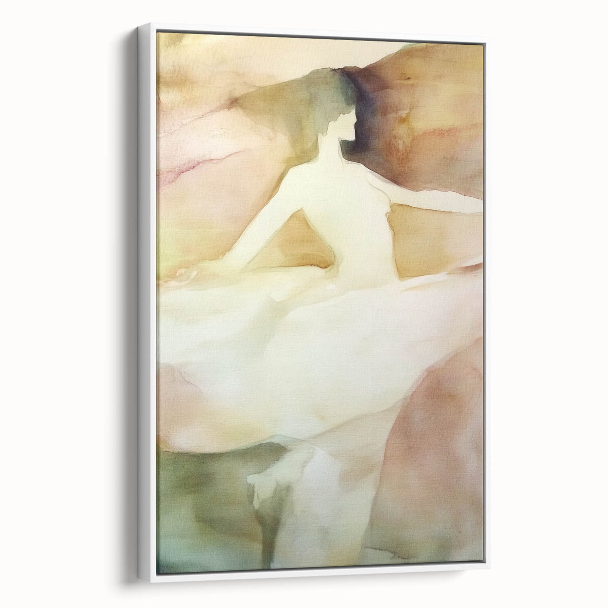 Abstract figurative framed canvas artwork showcasing vibrant colors and dynamic shapes, presented in a sleek white frame, ideal for modern home decor.