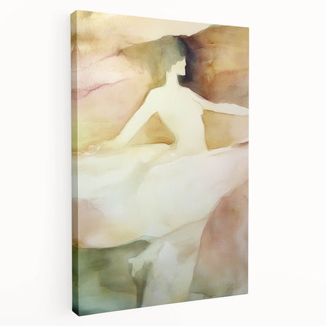 Abstract figurative stretched canvas artwork showcasing vibrant colors and dynamic shapes, displayed in a side view to highlight its depth and texture, perfect for modern decor.