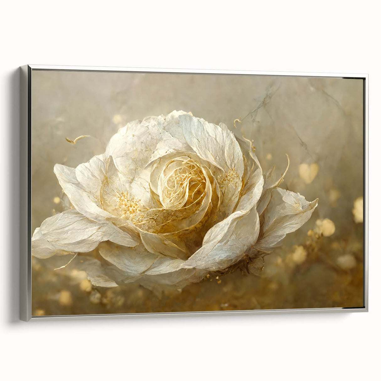 Framed wall art displaying an abstract floral design in vibrant colors, with a sleek silver frame. The piece adds a modern touch to any decor and is perfect for home or office settings.