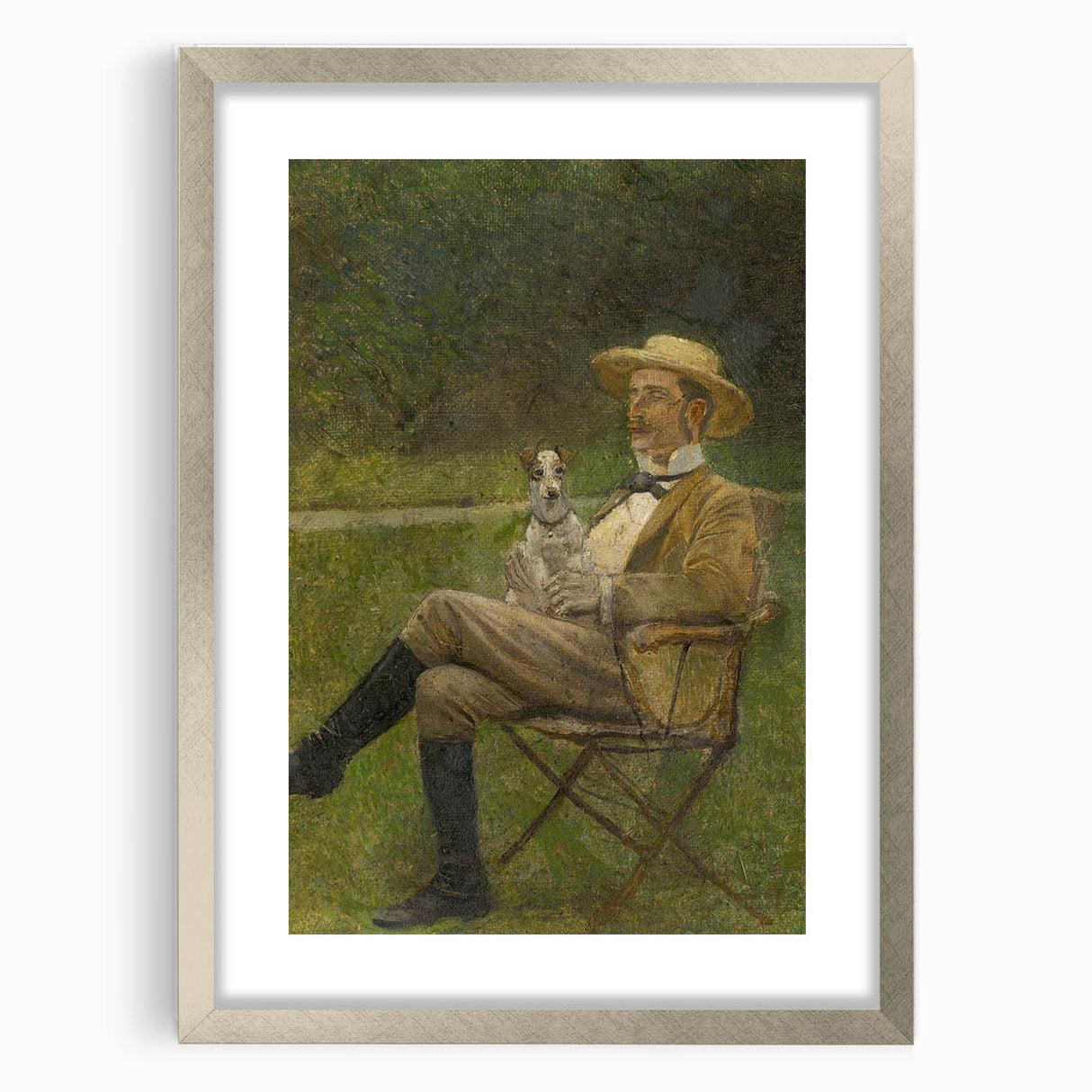 Modern Wall Art - Seated Man with Dog in Serene Outdoor Setting
