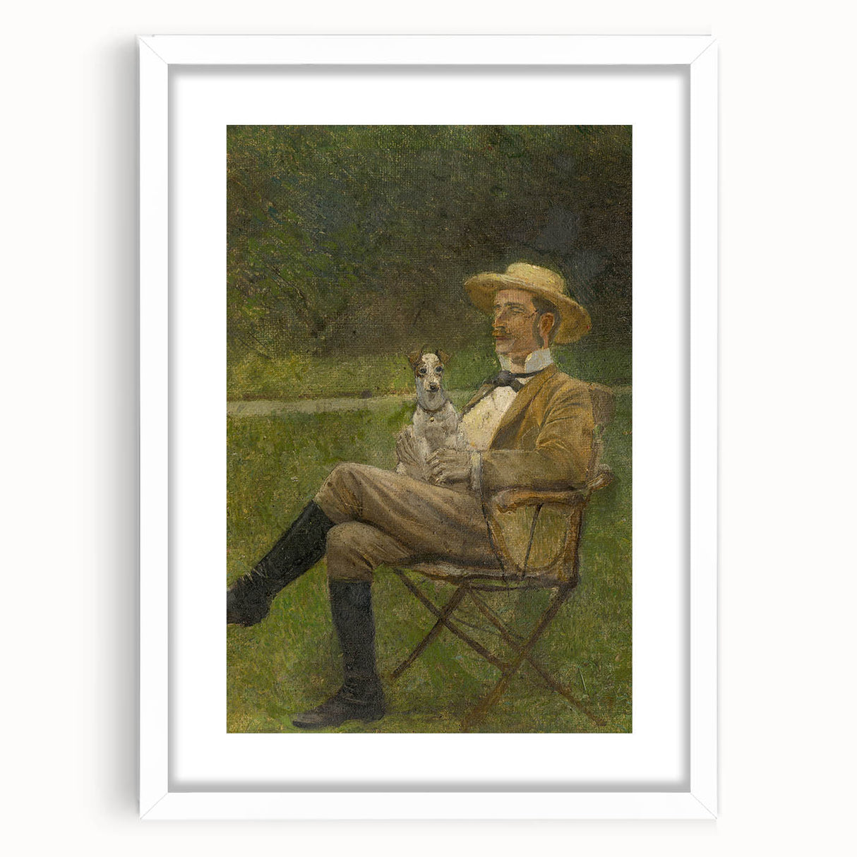 Modern Wall Art - Seated Man with Dog in Serene Outdoor Setting