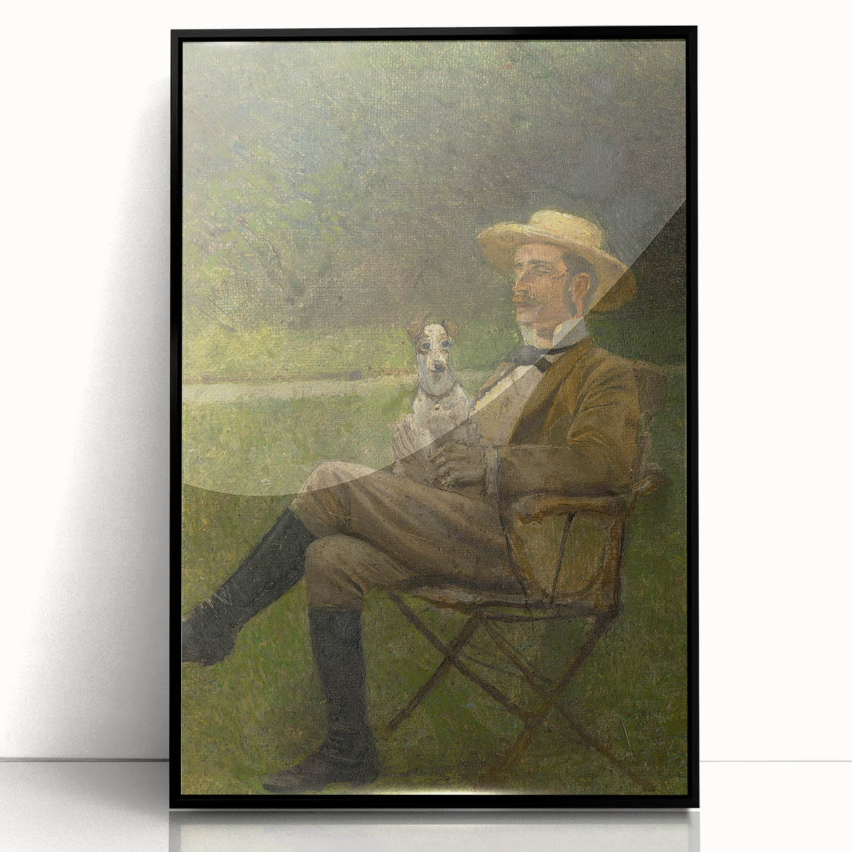 Modern Wall Art - Seated Man with Dog in Serene Outdoor Setting