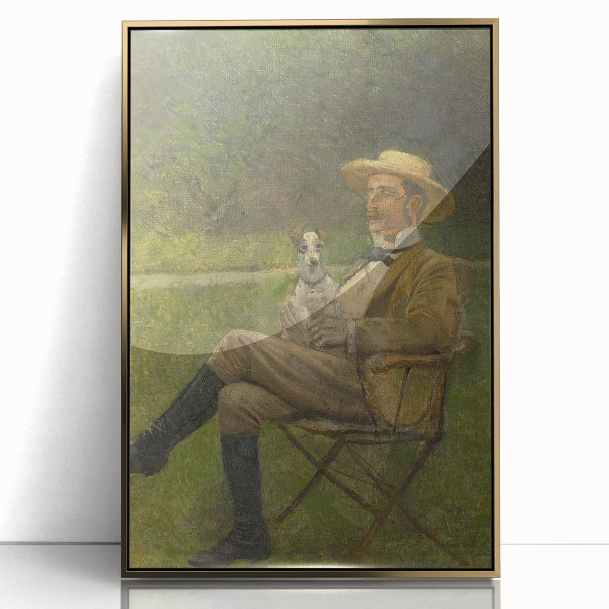 Modern Wall Art - Seated Man with Dog in Serene Outdoor Setting
