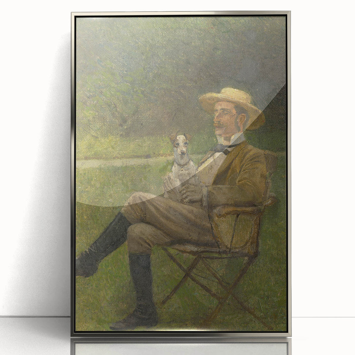 Modern Wall Art - Seated Man with Dog in Serene Outdoor Setting