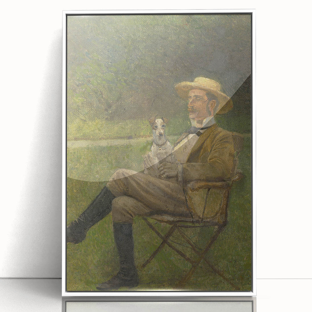 Modern Wall Art - Seated Man with Dog in Serene Outdoor Setting
