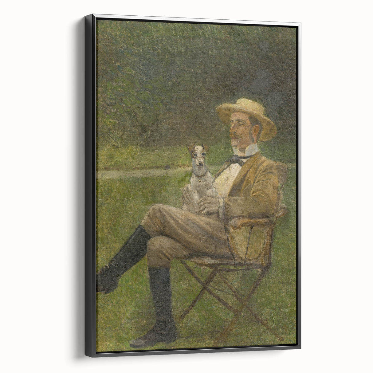 Modern Wall Art - Seated Man with Dog in Serene Outdoor Setting