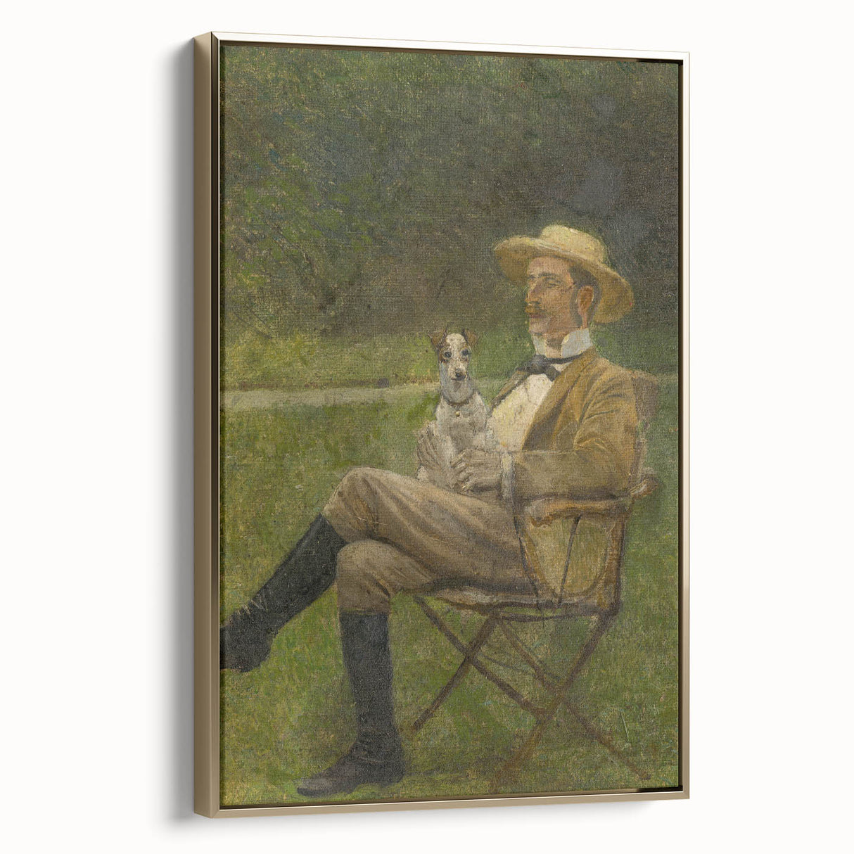 Modern Wall Art - Seated Man with Dog in Serene Outdoor Setting