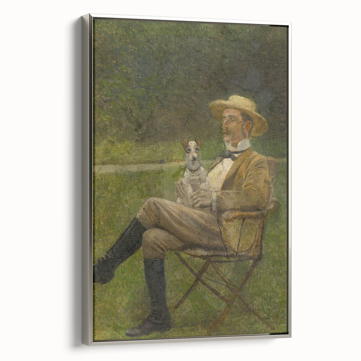 Modern Wall Art - Seated Man with Dog in Serene Outdoor Setting