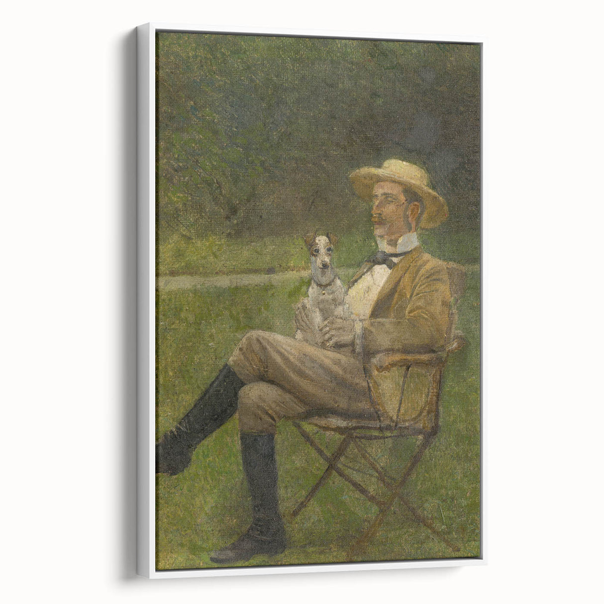 Modern Wall Art - Seated Man with Dog in Serene Outdoor Setting