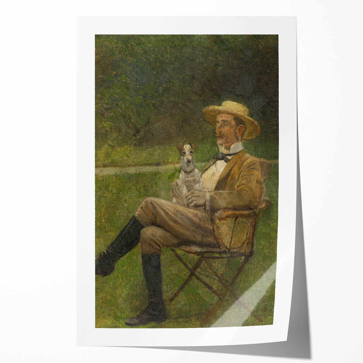 Modern Wall Art - Seated Man with Dog in Serene Outdoor Setting