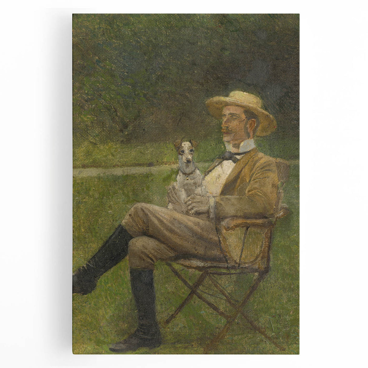 Modern Wall Art - Seated Man with Dog in Serene Outdoor Setting