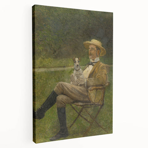 Modern Wall Art - Seated Man with Dog in Serene Outdoor Setting