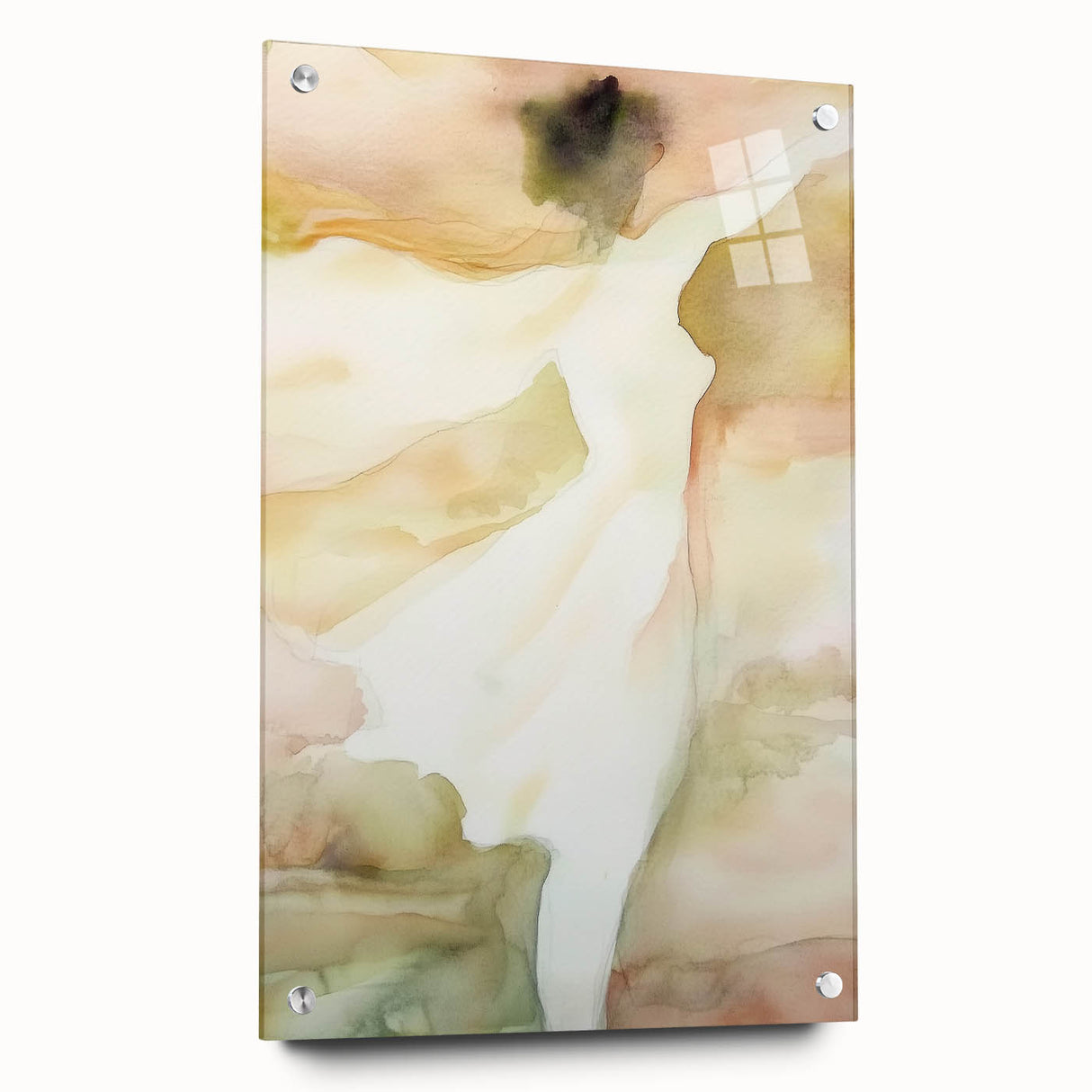Abstract figurative acrylic artwork displayed in a glass frame, showcasing vibrant colors and dynamic shapes, ideal for modern artistic decor in homes or offices.