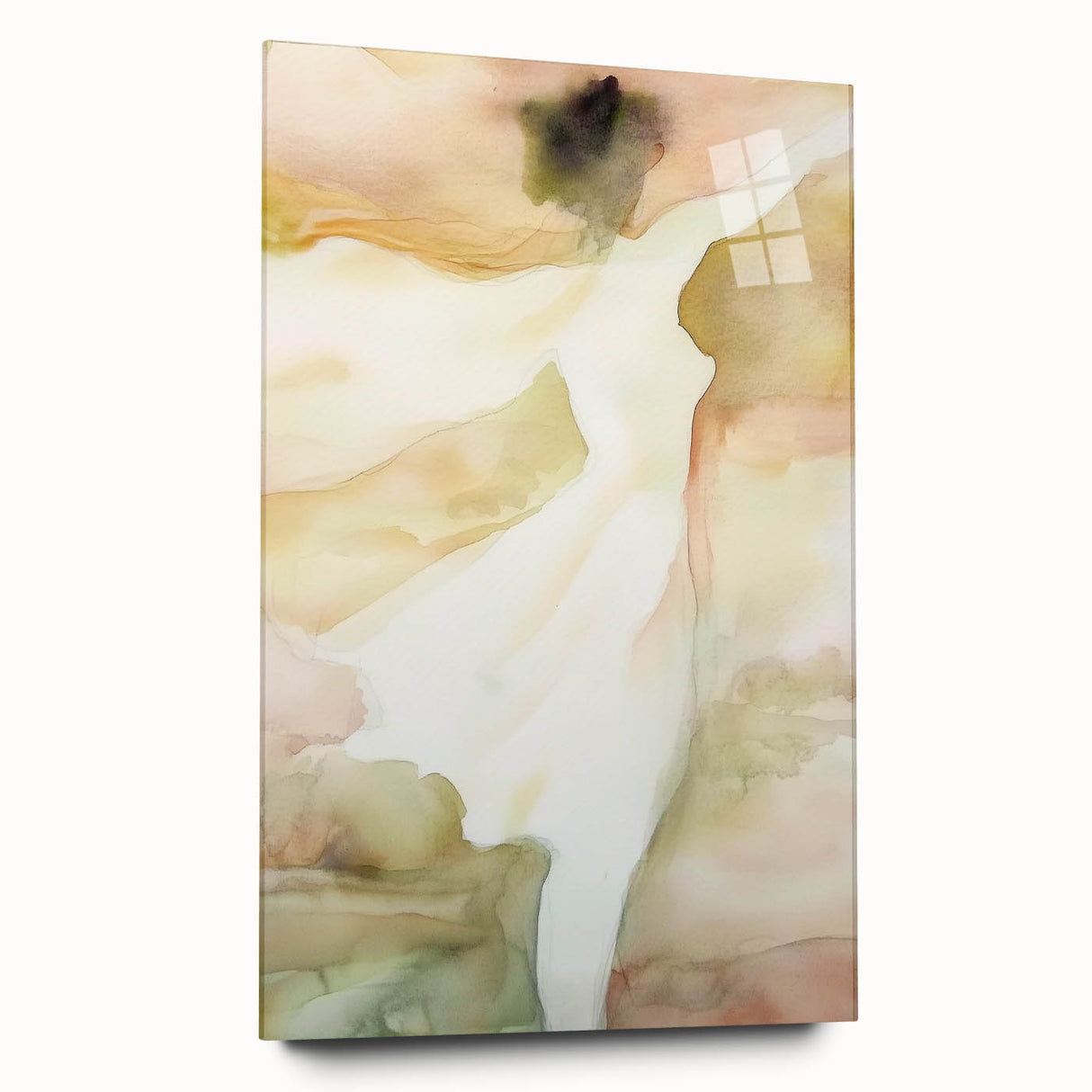 Abstract figurative acrylic artwork displayed in a glass frame, showcasing vibrant colors and unique shapes, perfect for modern home decor or gallery settings.